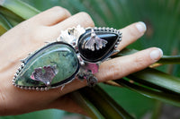 Prehnite & Black Onyx Ring with Ginkgo Leaf AR-7260