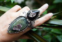 Prehnite & Black Onyx Ring with Ginkgo Leaf AR-7260