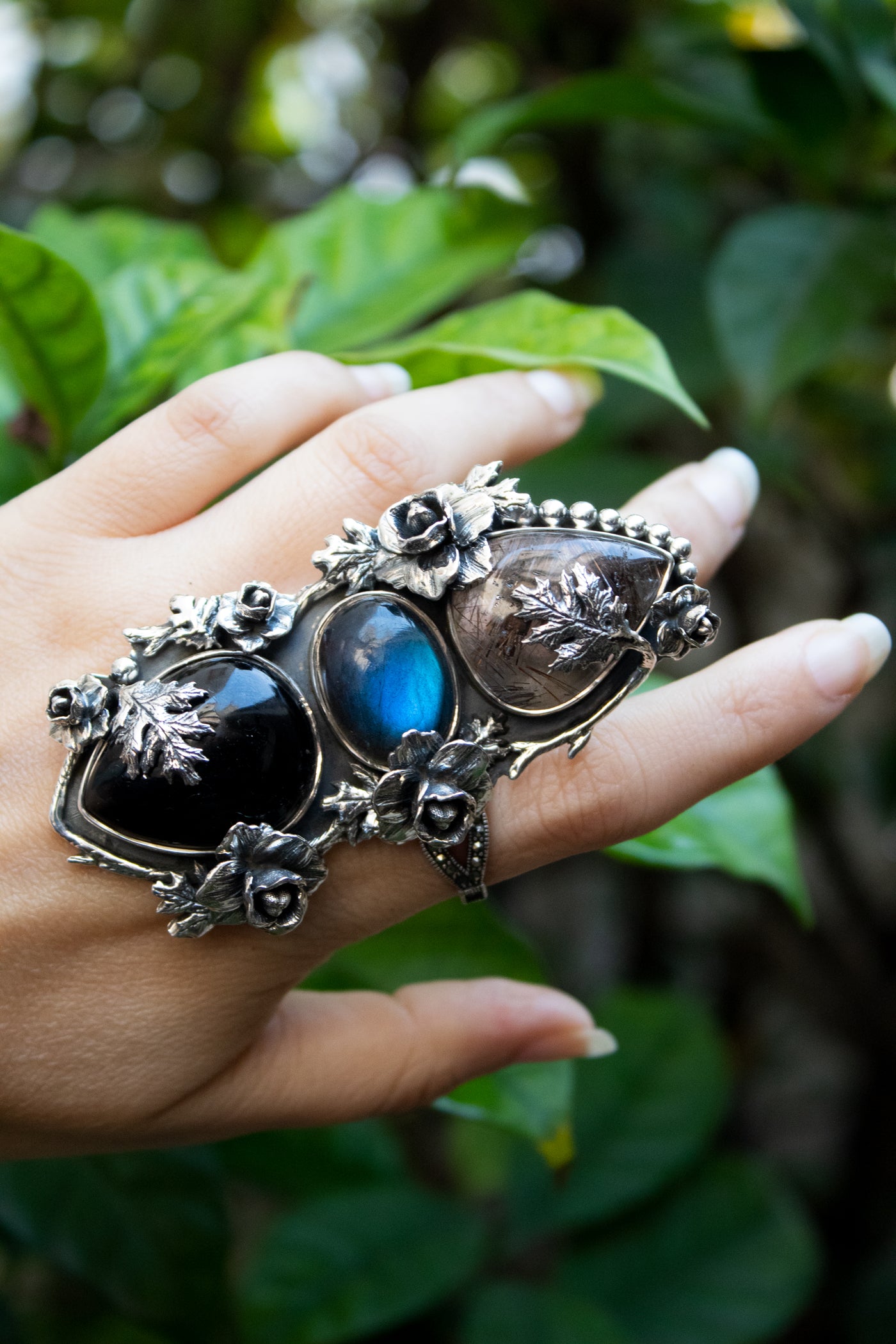 Black Onyx, Black Rutile, & Labradorite Ring, AR- 7691