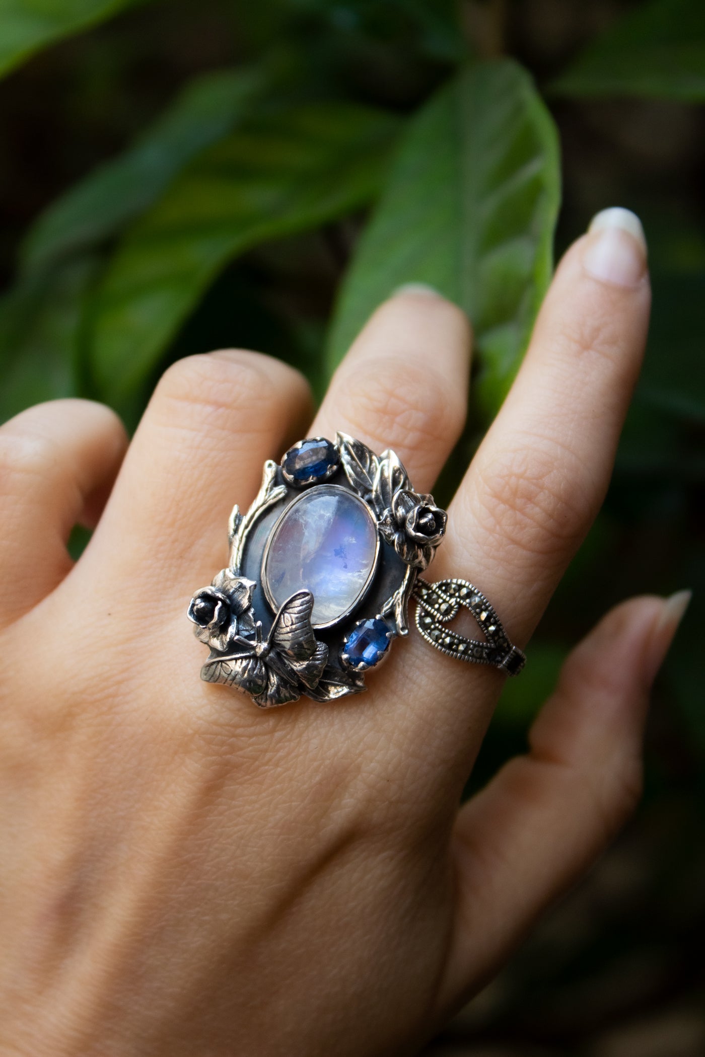 Midnight Butterfly Garden – Moonstone Ring, AR-7696