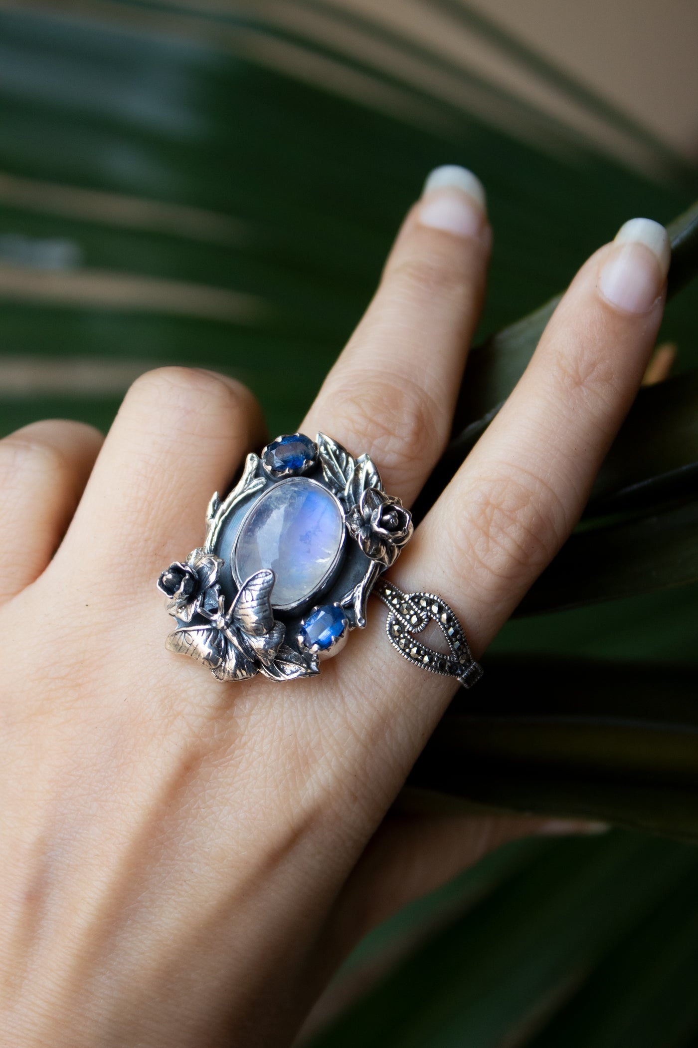 Midnight Butterfly Garden – Moonstone Ring, AR-7696