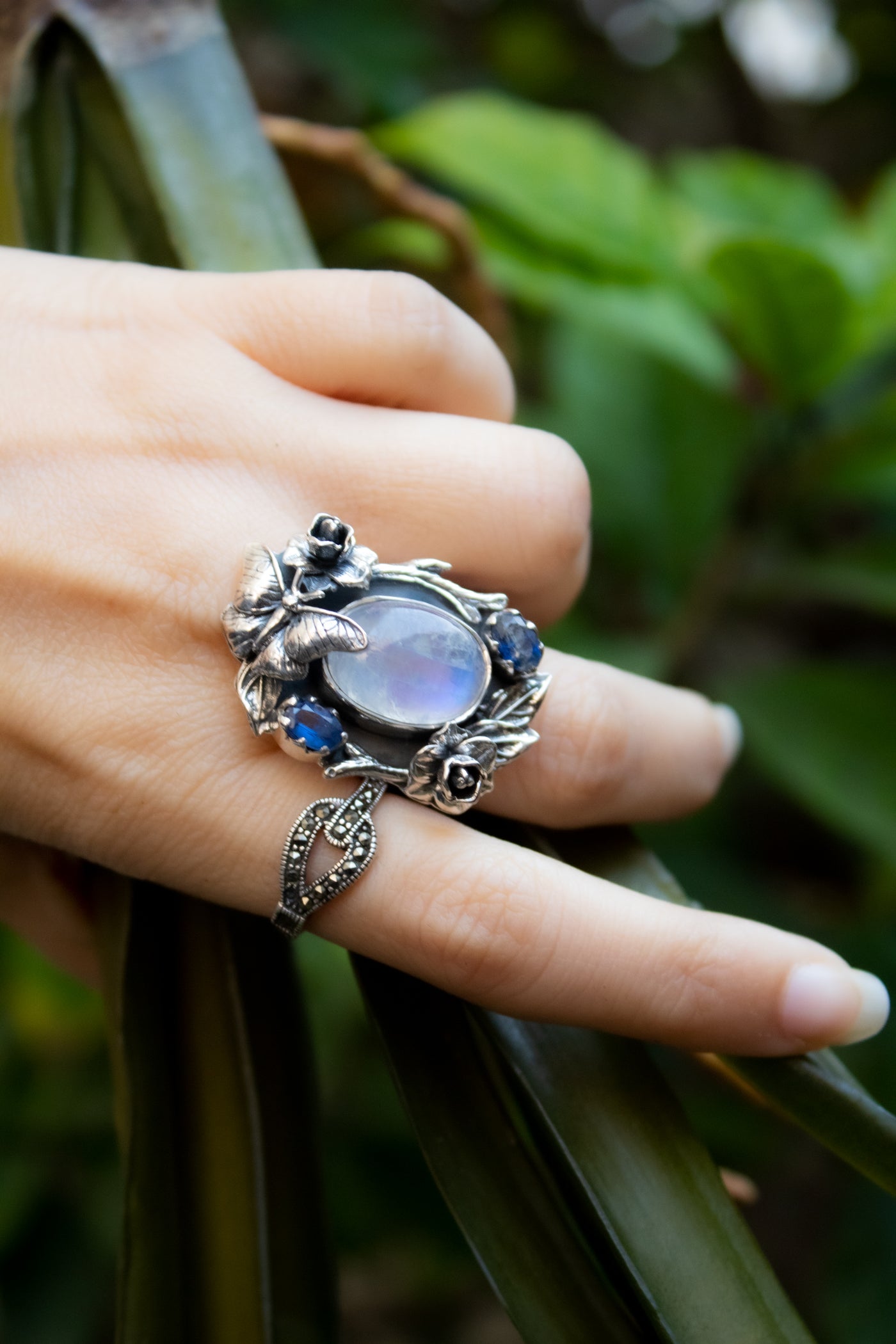 Midnight Butterfly Garden – Moonstone Ring, AR-7696