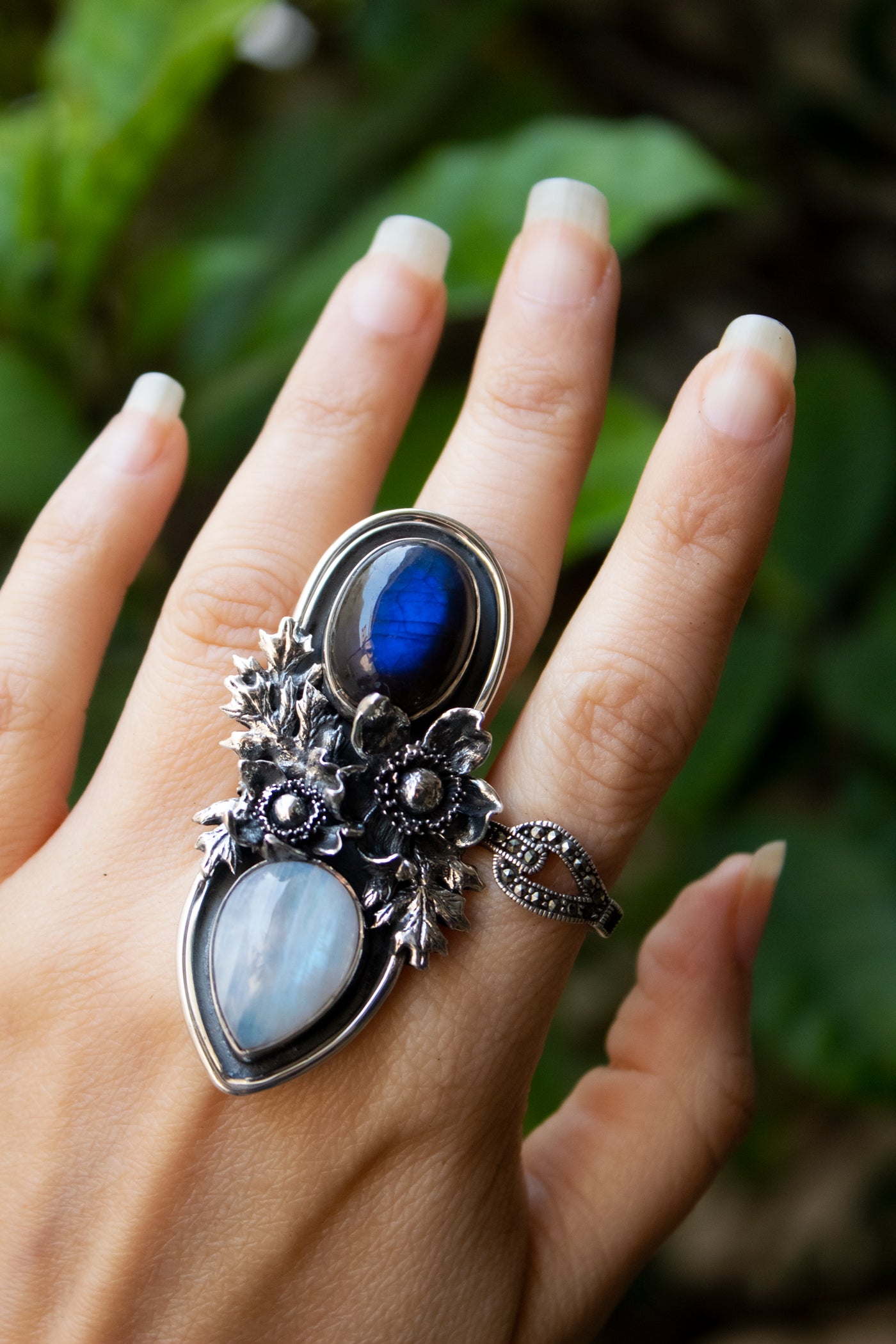 Celestial Duality – Labradorite & Moonstone Ring, AR-7697