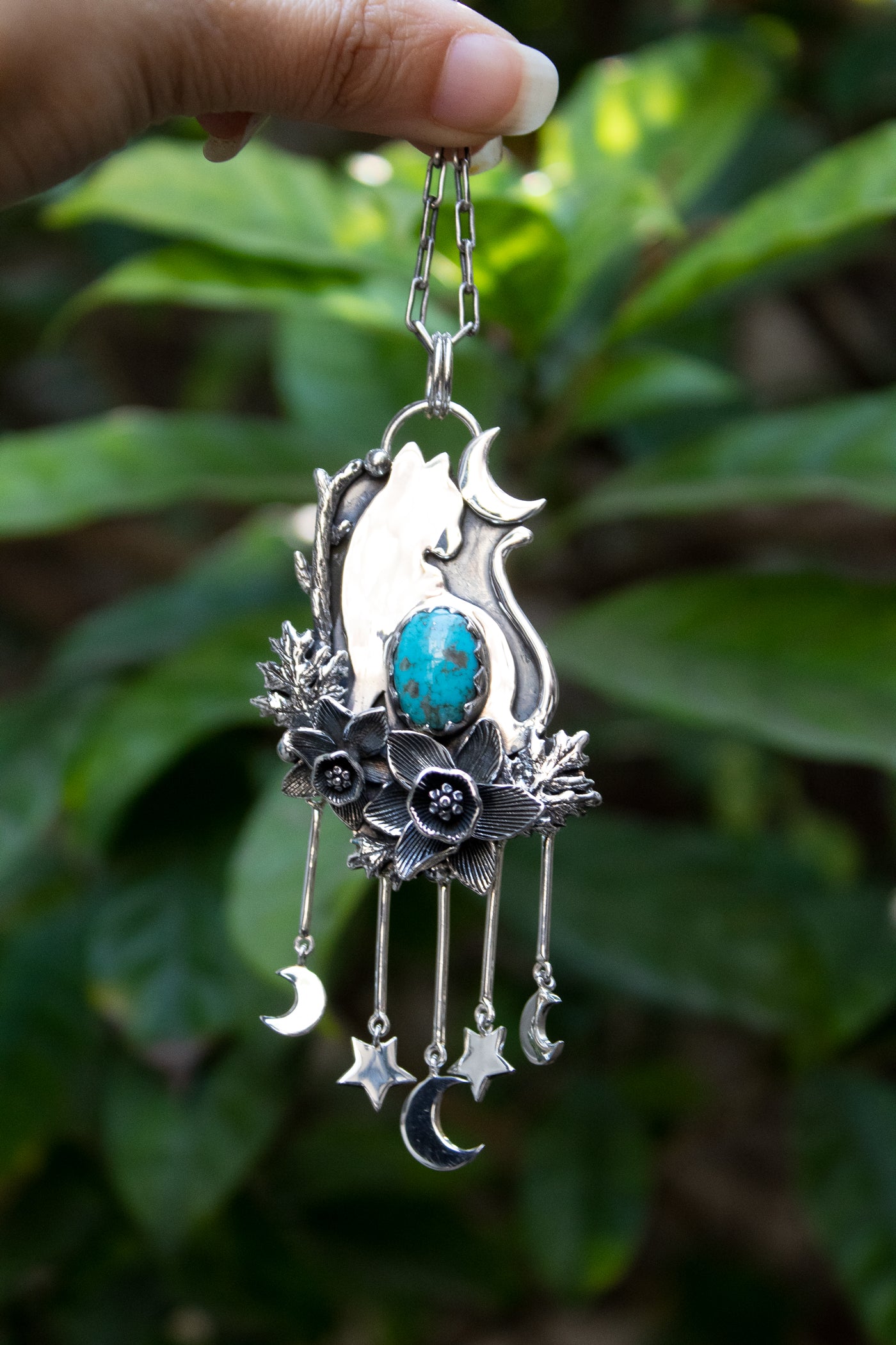Moonlit Forest Cat — Turquoise & Silver Pendant, AP-7724