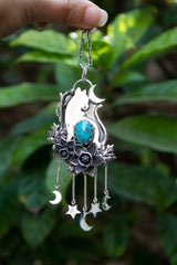 Moonlit Forest Cat — Turquoise & Silver Pendant, AP-7724
