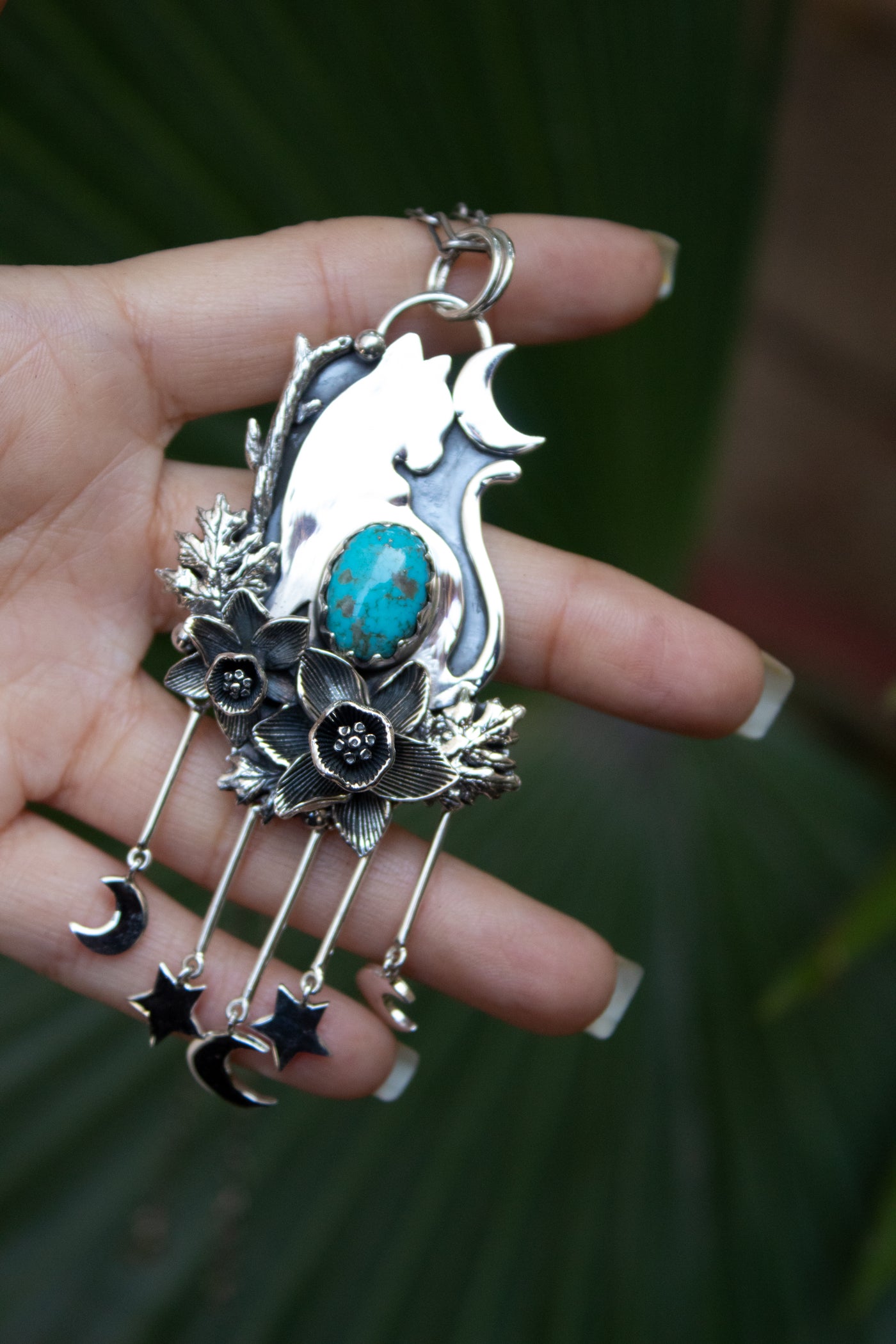 Moonlit Forest Cat — Turquoise & Silver Pendant, AP-7724