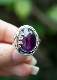 Oval Amethyst Ring with Oak Leaf, AR-6559