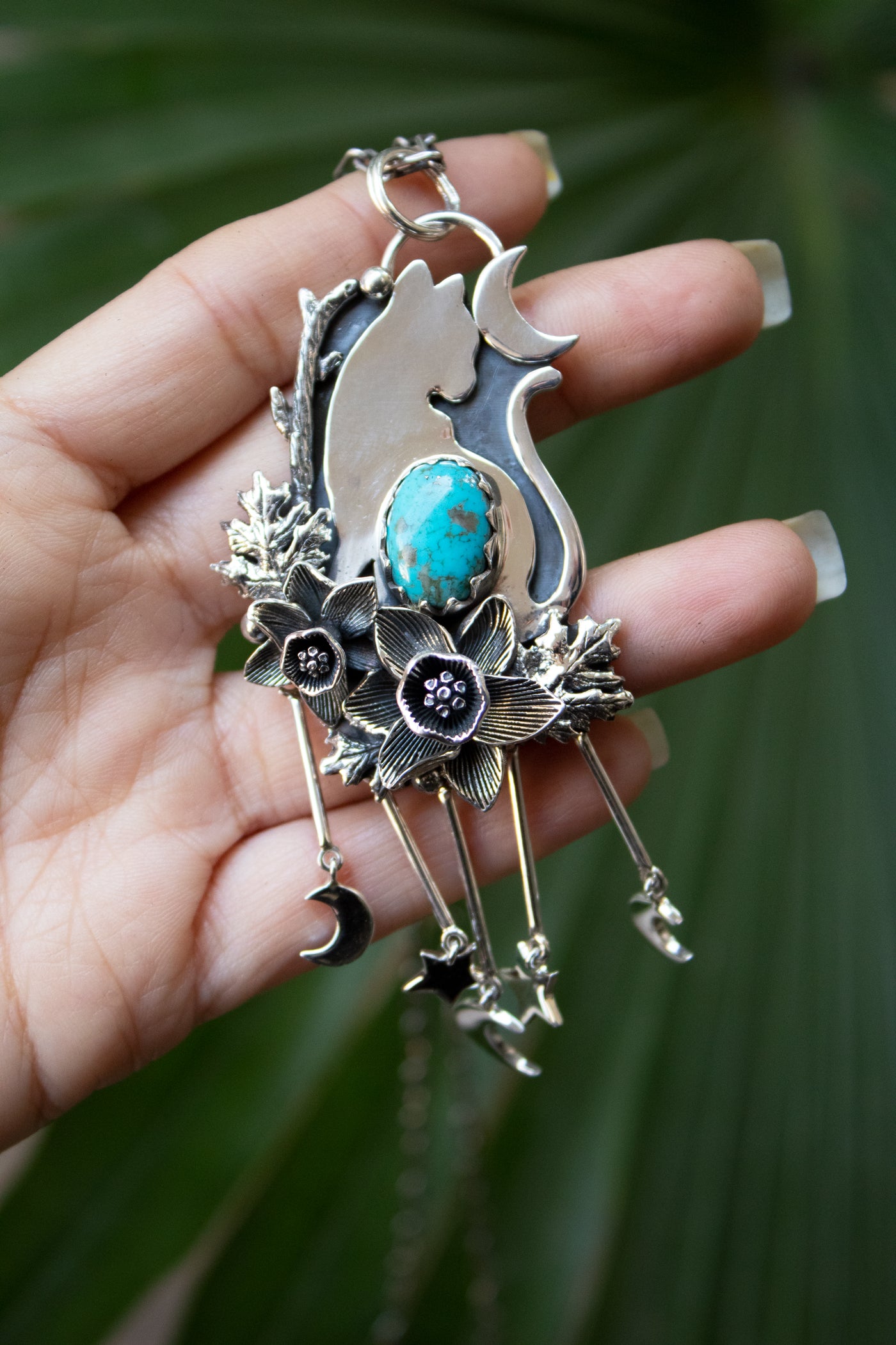Moonlit Forest Cat — Turquoise & Silver Pendant, AP-7724