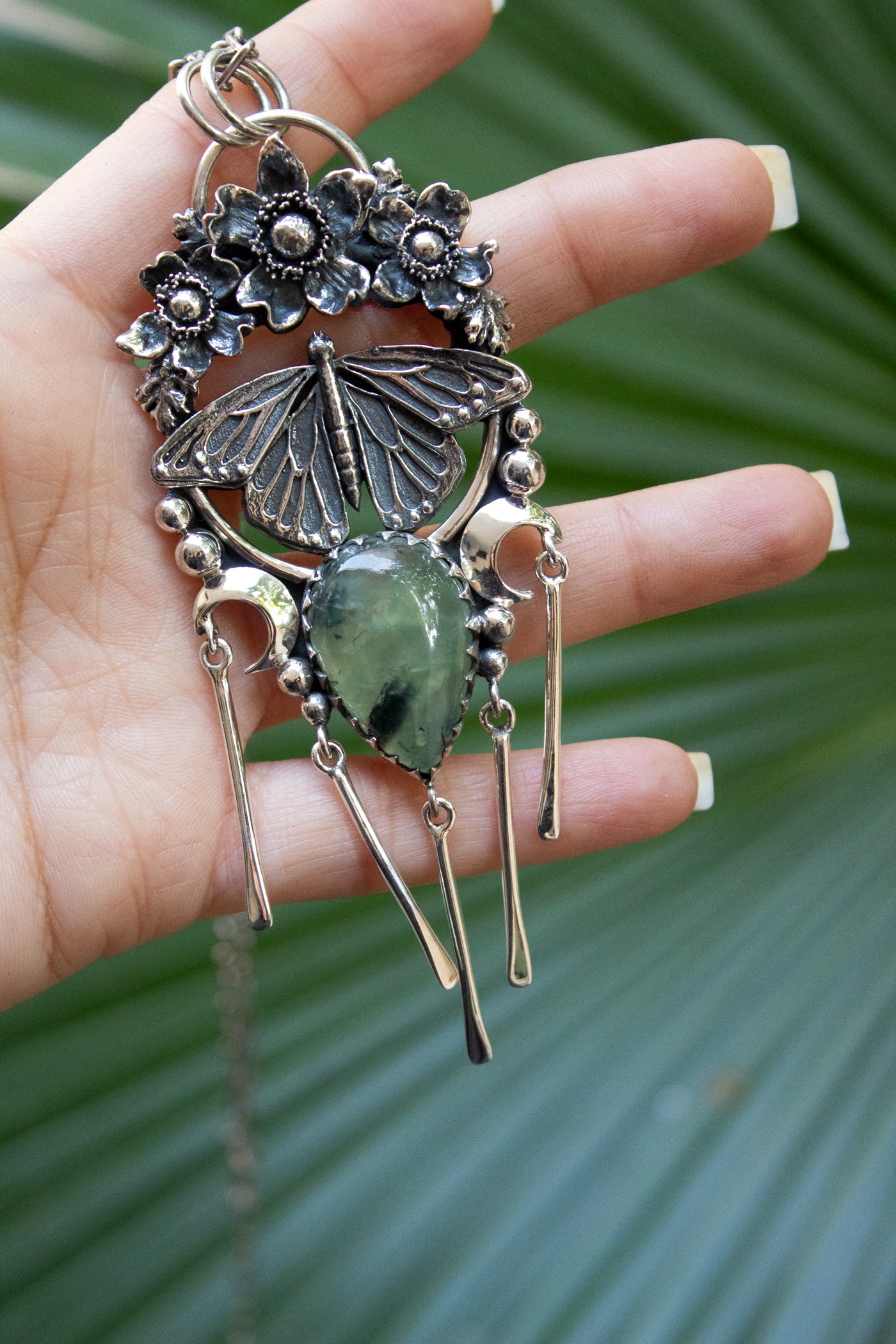 Whispers of the Forest Moon — Butterfly & Prehnite Pendant, AP-7725