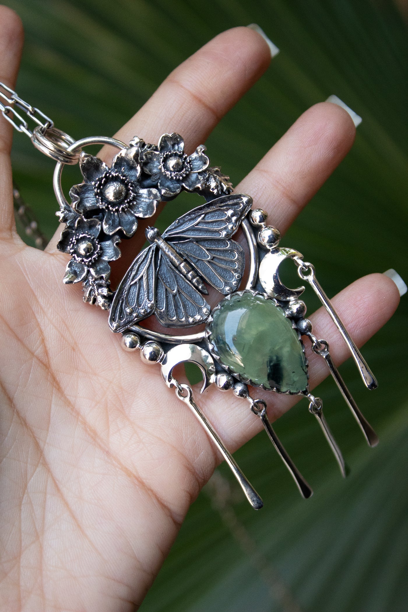 Whispers of the Forest Moon — Butterfly & Prehnite Pendant, AP-7725