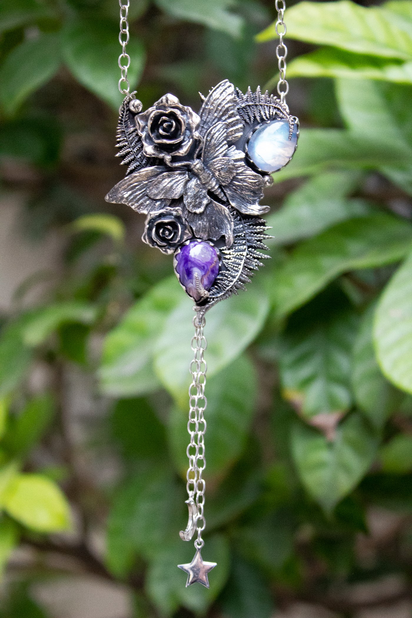 Moonlit Fern Whisper — Charoite & Moonstone Butterfly Pendant Necklace, AP-7743