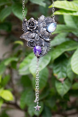 Moonlit Fern Whisper — Charoite & Moonstone Butterfly Pendant Necklace, AP-7743