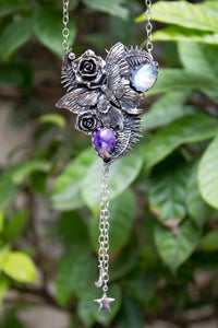 Moonlit Fern Whisper — Charoite & Moonstone Butterfly Pendant Necklace, AP-7743