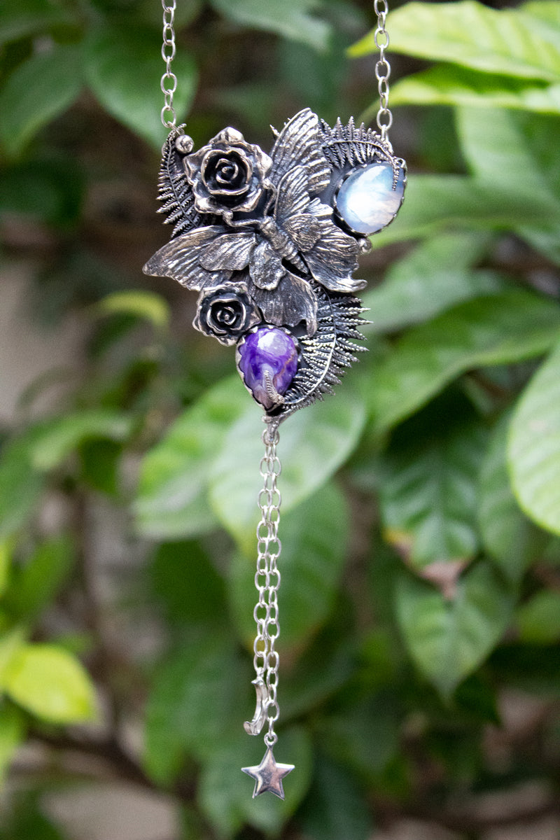 Moonlit Fern Whisper — Charoite & Moonstone Butterfly Pendant Necklace, AP-7743
