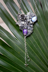 Moonlit Fern Whisper — Charoite & Moonstone Butterfly Pendant Necklace, AP-7743