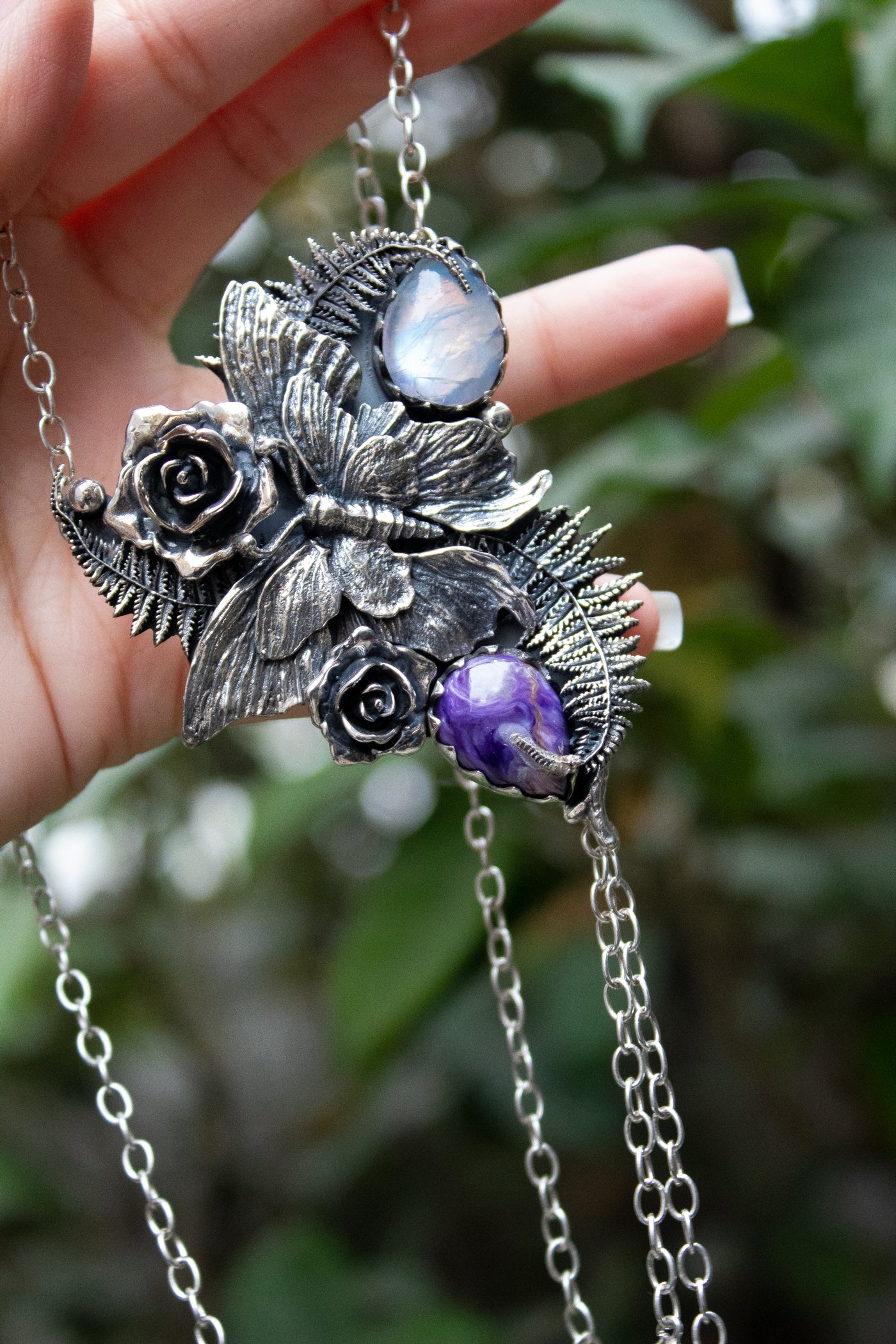 Moonlit Fern Whisper — Charoite & Moonstone Butterfly Pendant Necklace, AP-7743