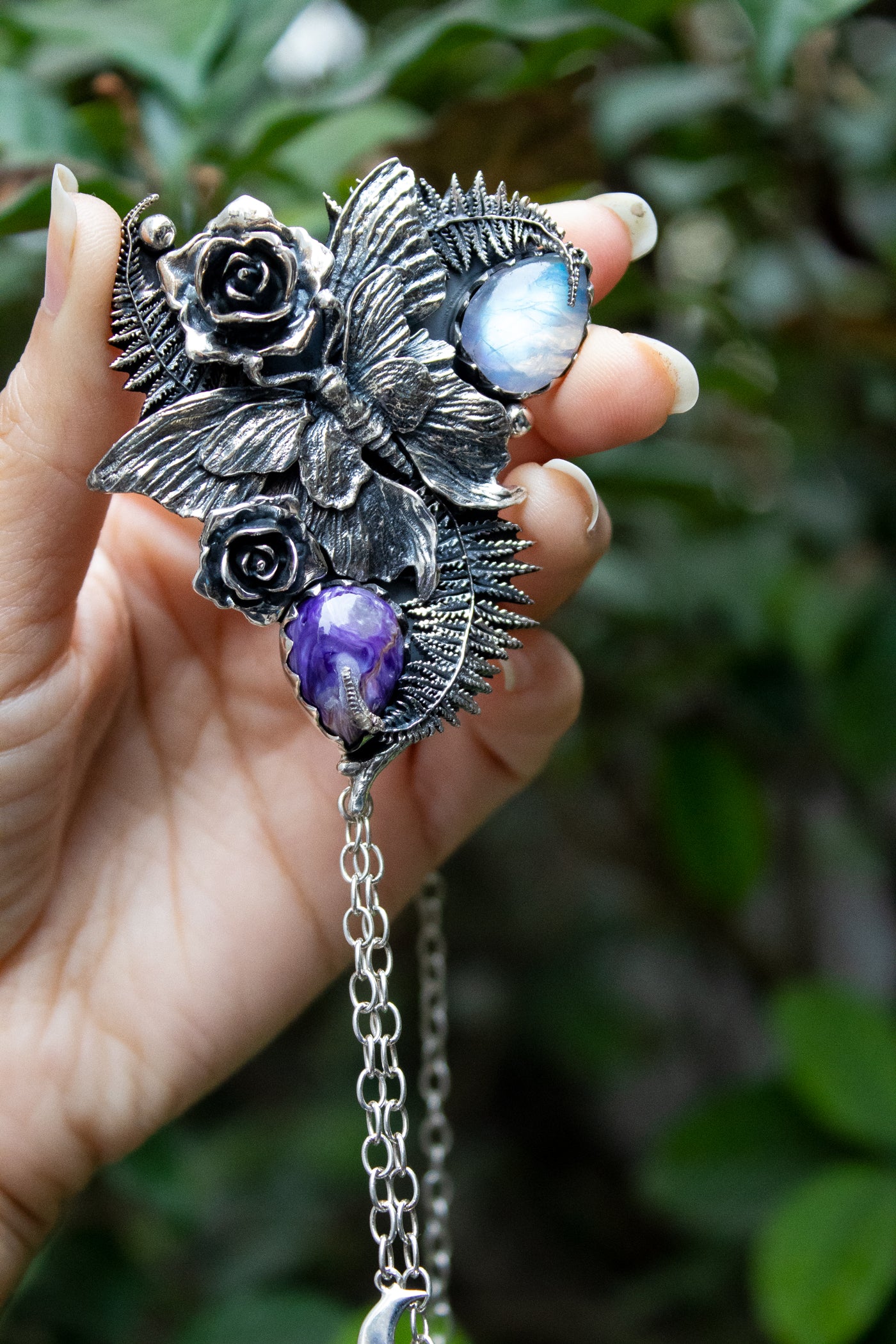 Moonlit Fern Whisper — Charoite & Moonstone Butterfly Pendant Necklace, AP-7743