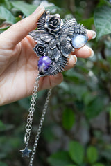 Moonlit Fern Whisper — Charoite & Moonstone Butterfly Pendant Necklace, AP-7743