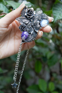 Moonlit Fern Whisper — Charoite & Moonstone Butterfly Pendant Necklace, AP-7743