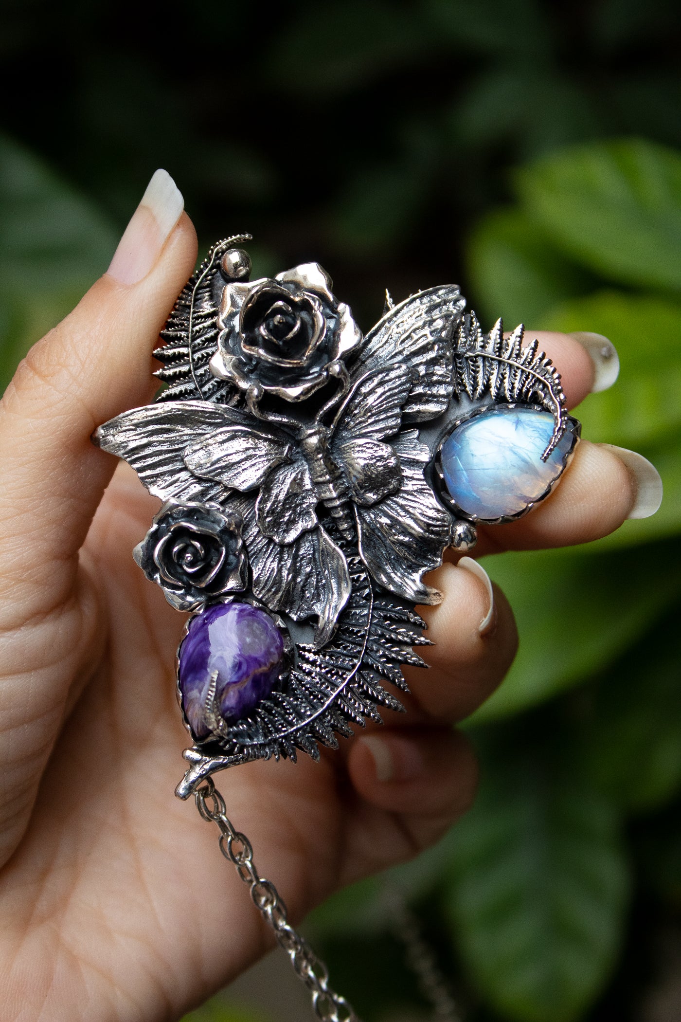 Moonlit Fern Whisper — Charoite & Moonstone Butterfly Pendant Necklace, AP-7743