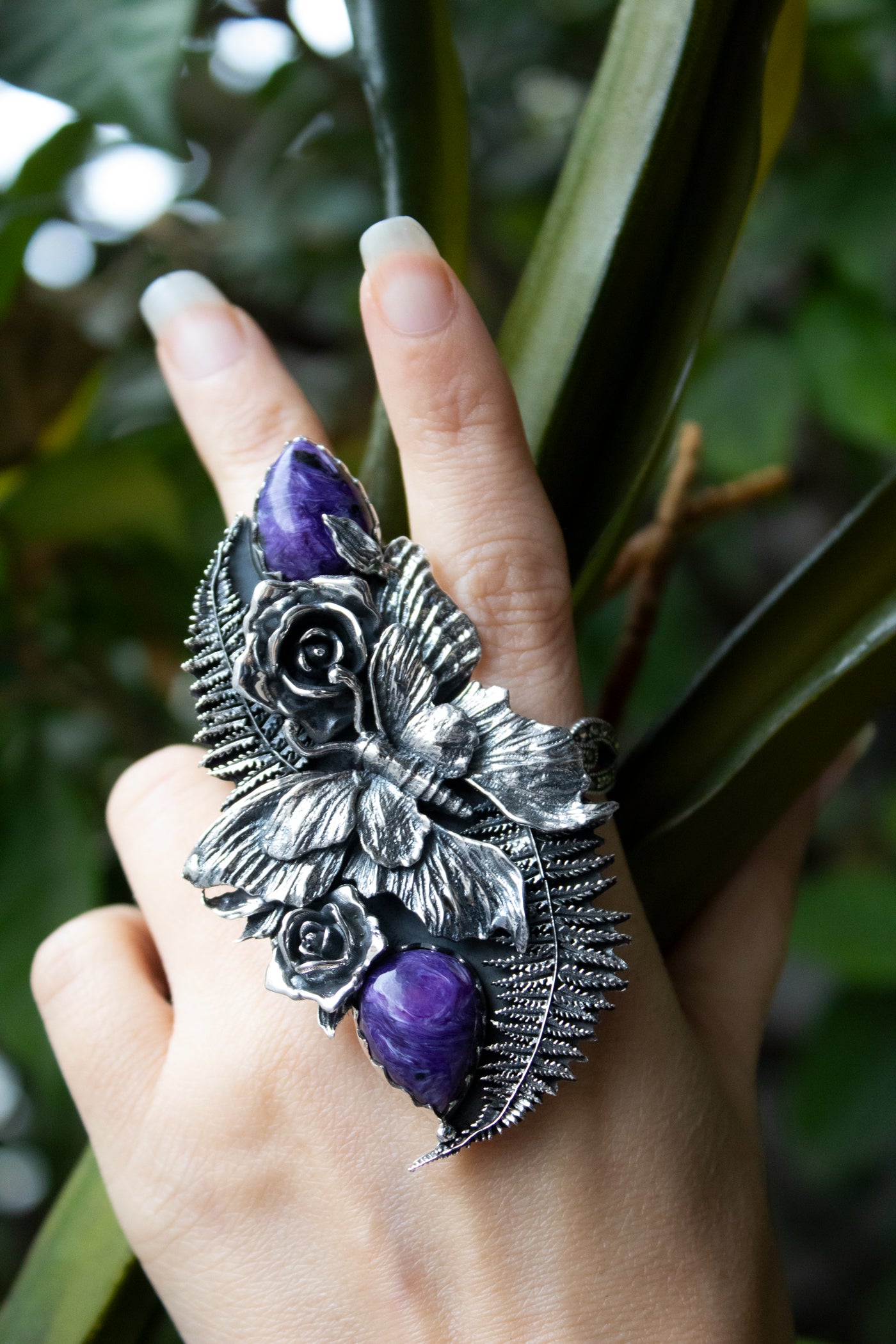 Wild Fern Muse — Charoite Statement Ring, AR-7741