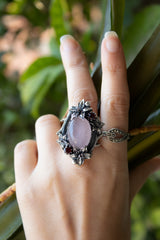Lilac Petals & Midnight Berries — Rose Quartz & Garnet Ring, AR-7726