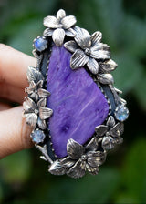 Charoite Blossom Ring with Whispering Moonstones, AR-7289