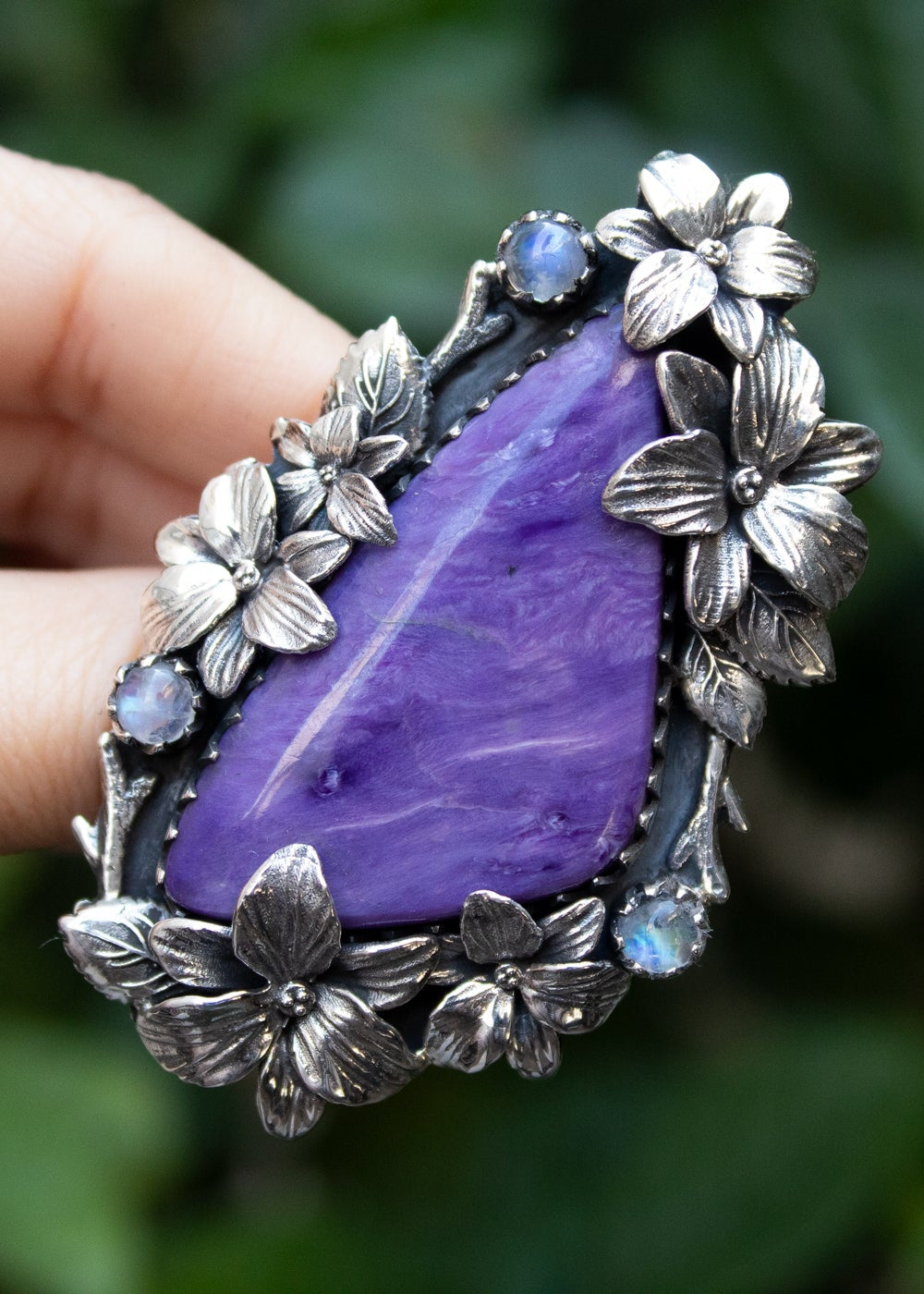 Charoite Blossom Ring with Whispering Moonstones, AR-7289