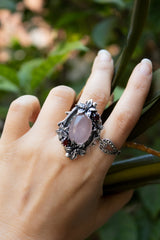 Lilac Petals & Midnight Berries — Rose Quartz & Garnet Ring, AR-7726