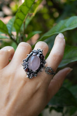 Lilac Petals & Midnight Berries — Rose Quartz & Garnet Ring, AR-7726