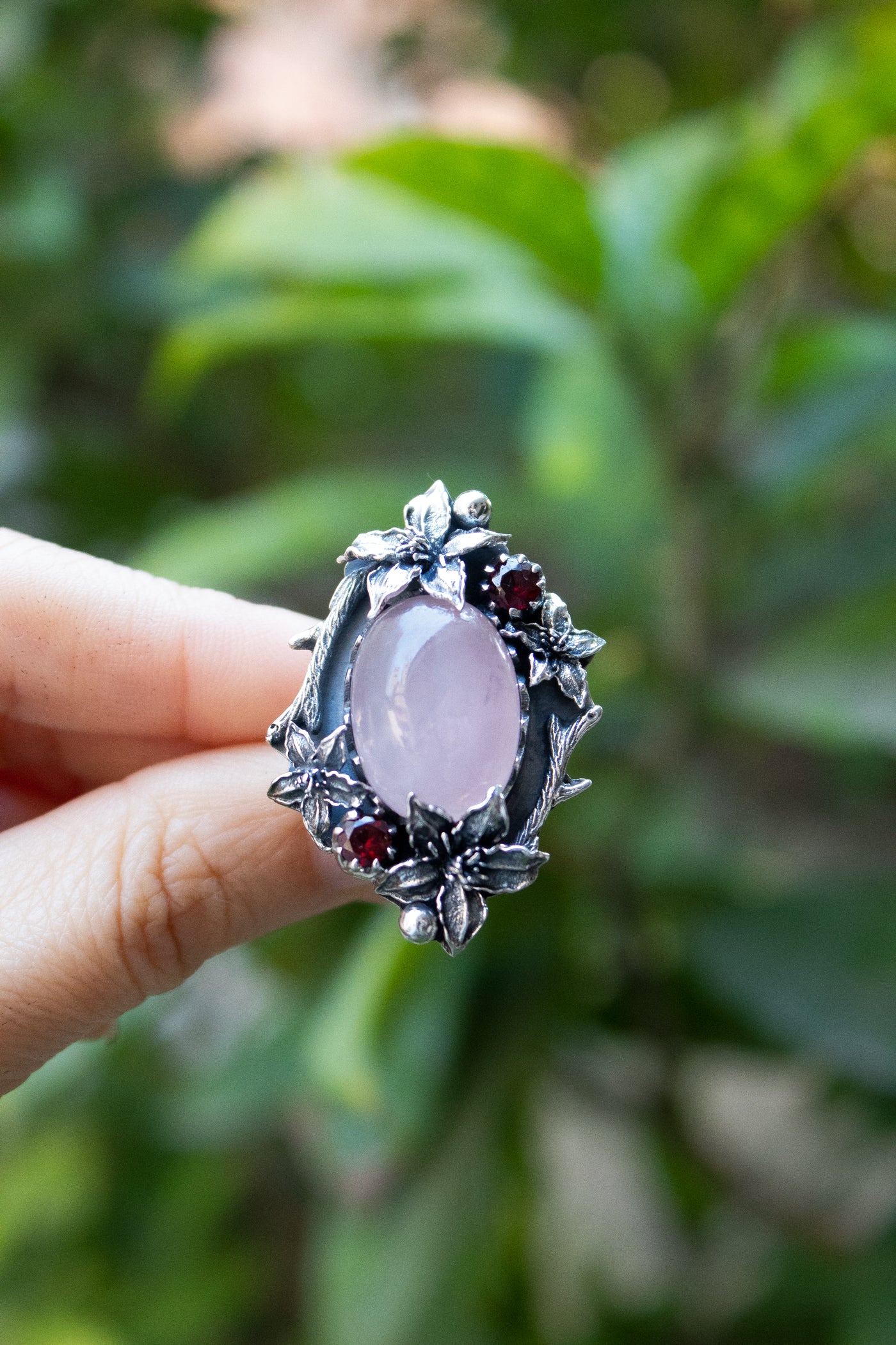 Lilac Petals & Midnight Berries — Rose Quartz & Garnet Ring, AR-7726