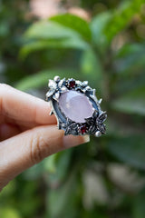 Lilac Petals & Midnight Berries — Rose Quartz & Garnet Ring, AR-7726