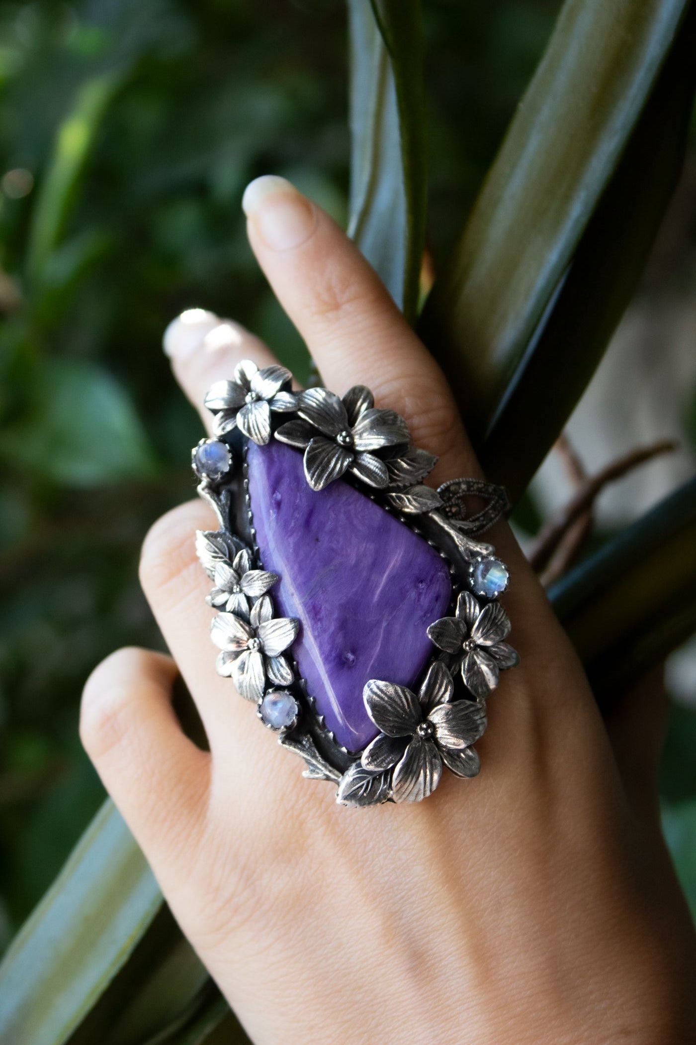 Charoite Blossom Ring with Whispering Moonstones, AR-7289