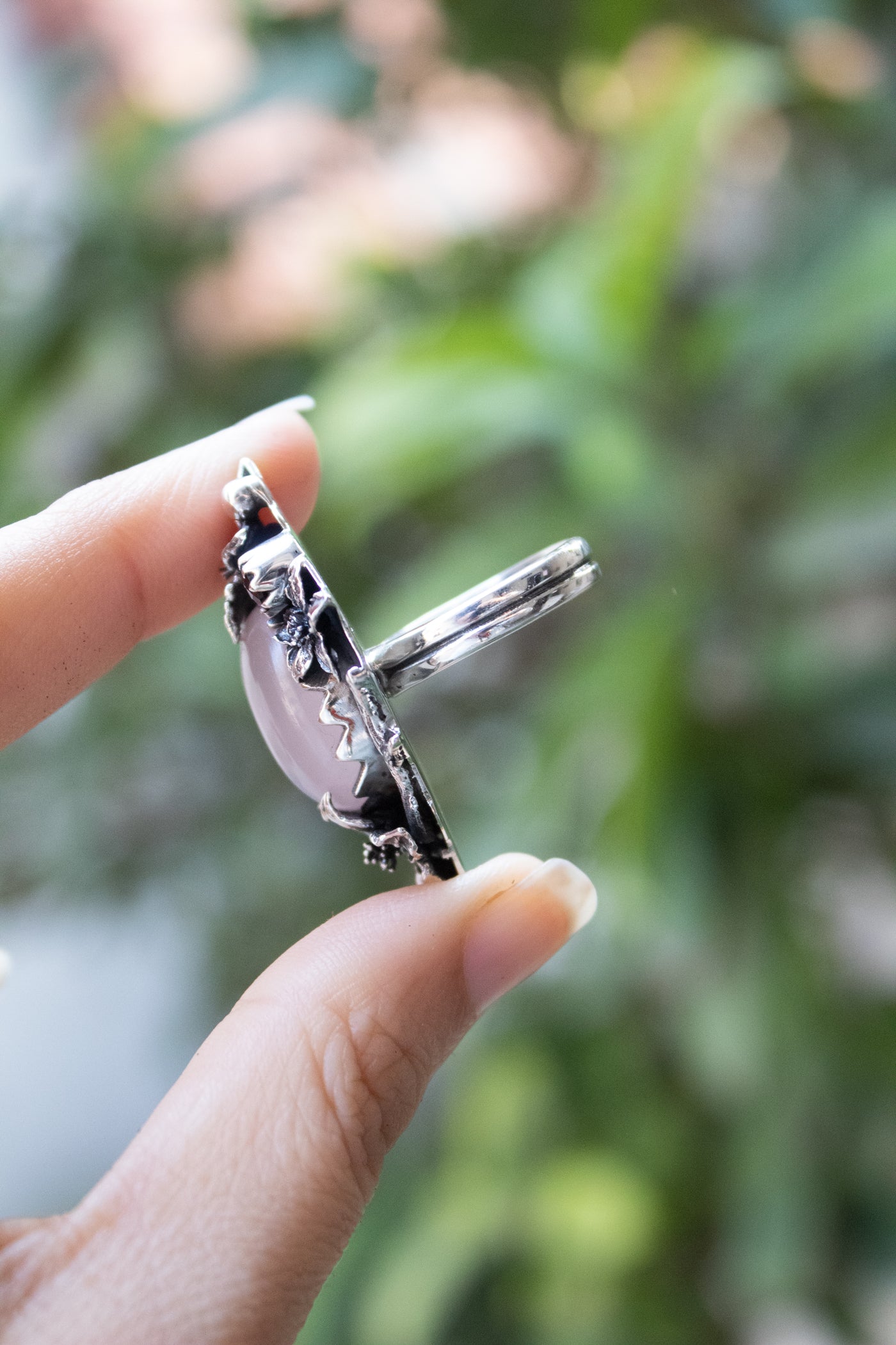 Lilac Petals & Midnight Berries — Rose Quartz & Garnet Ring, AR-7726