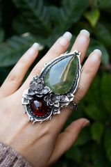 Whispering Forest: Prehnite & Garnet Ring, AR-7294