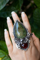 Whispering Forest: Prehnite & Garnet Ring, AR-7294