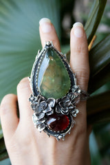 Whispering Forest: Prehnite & Garnet Ring, AR-7294