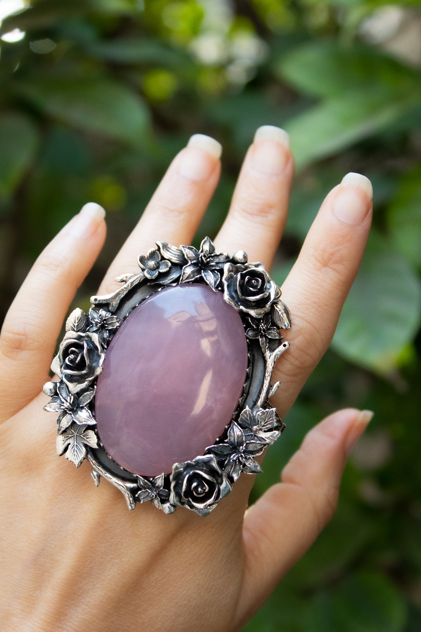 Rose Garden Halo — Rose Quartz Floral Statement Ring, AR- 7731