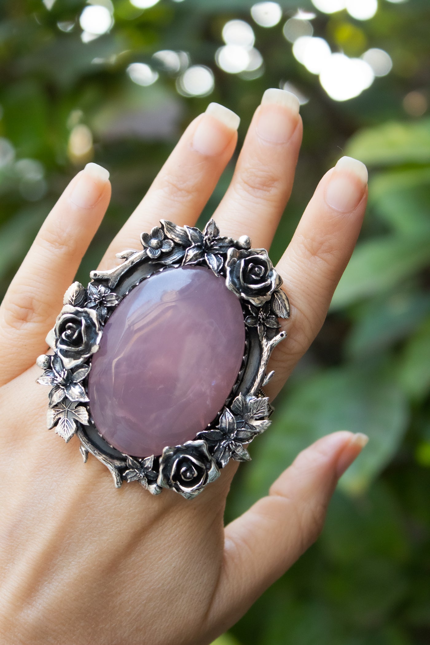 Rose Garden Halo — Rose Quartz Floral Statement Ring, AR- 7731
