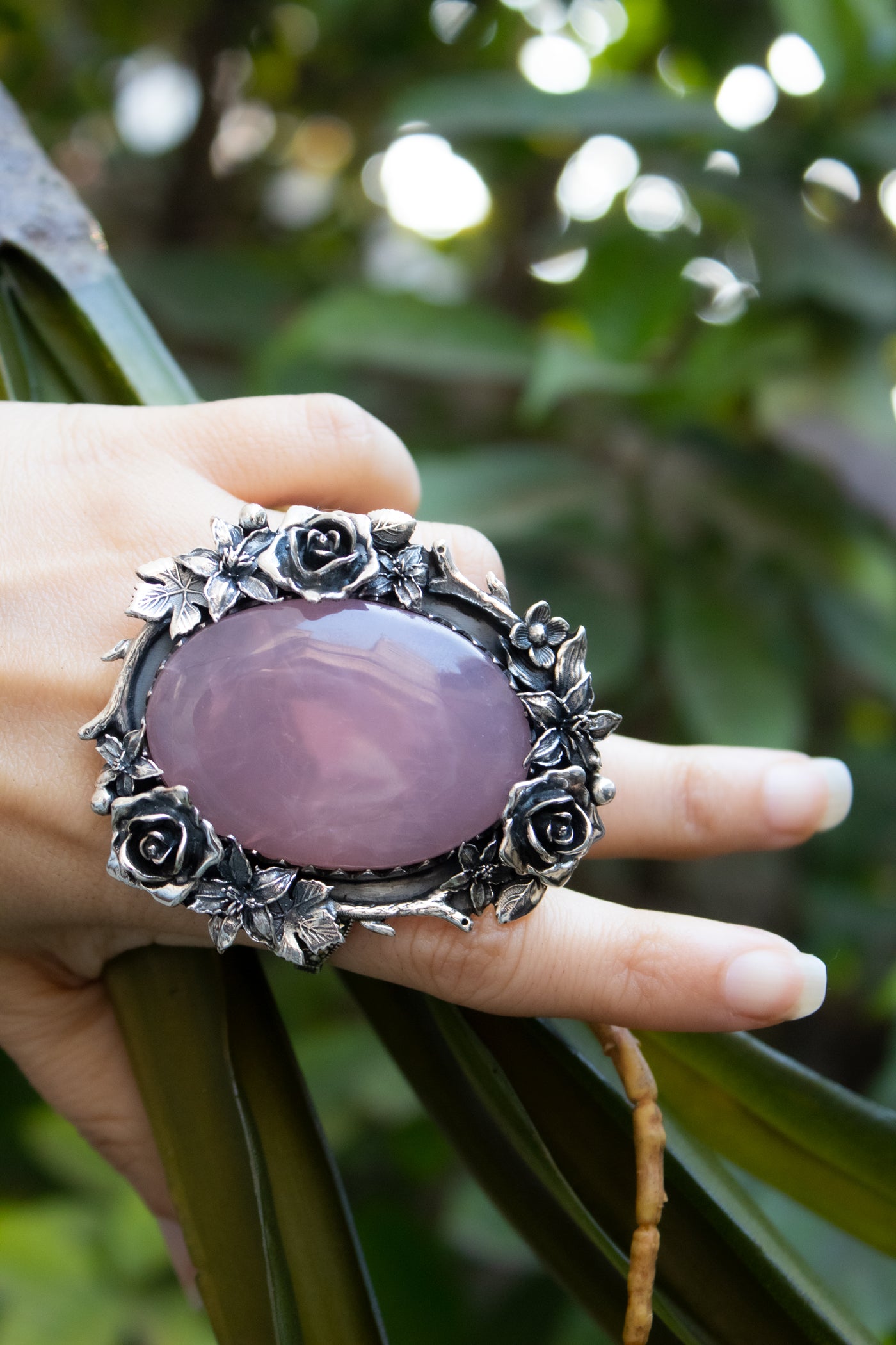 Rose Garden Halo — Rose Quartz Floral Statement Ring, AR- 7731