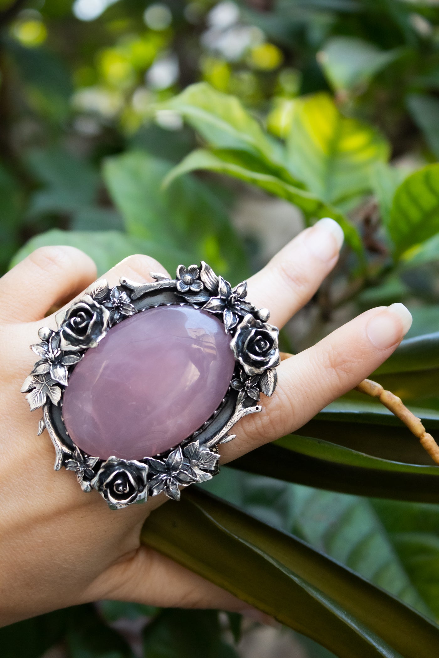 Rose Garden Halo — Rose Quartz Floral Statement Ring, AR- 7731