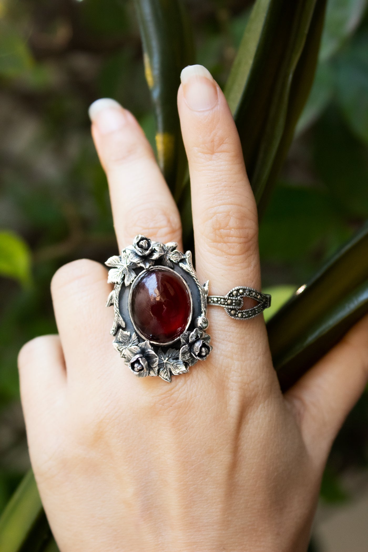 Crimson Garden Spell — Hessonite Rose Ring, AR-7727