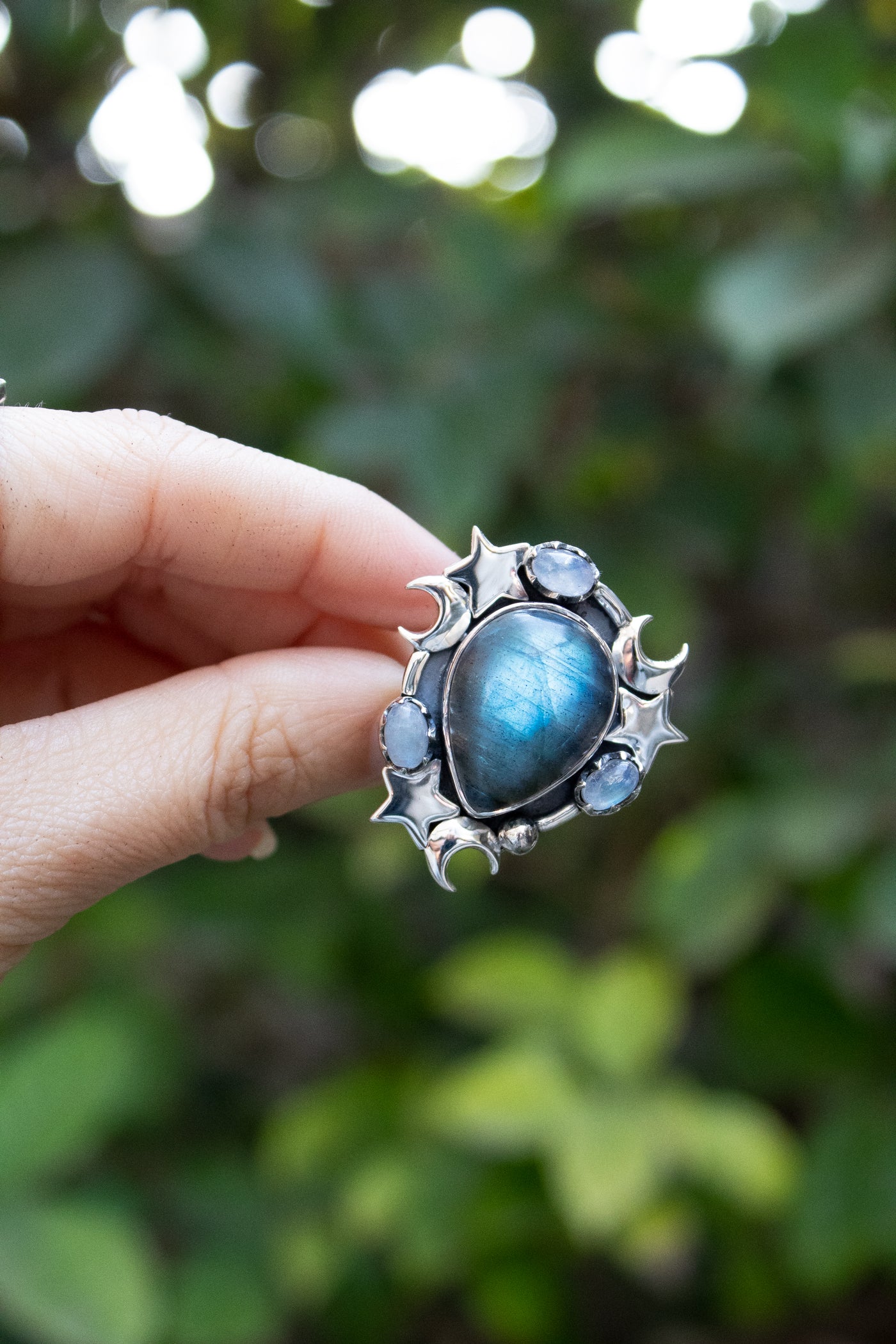 Moonfire Constellation — Labradorite & Moonstone Celestial Ring, AR-7729