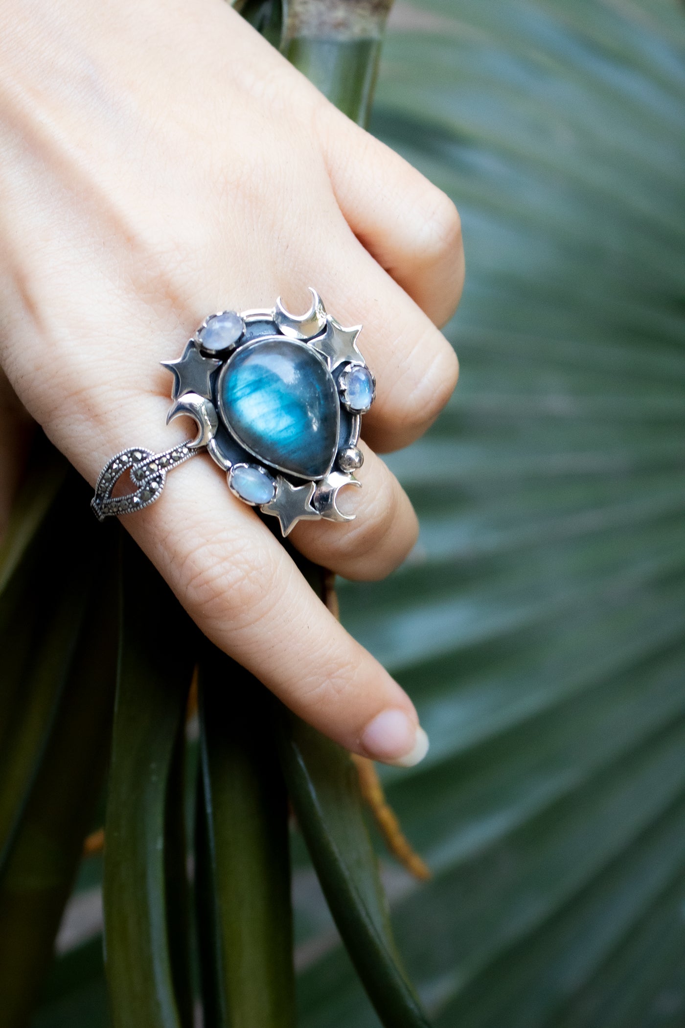 Moonfire Constellation — Labradorite & Moonstone Celestial Ring, AR-7729