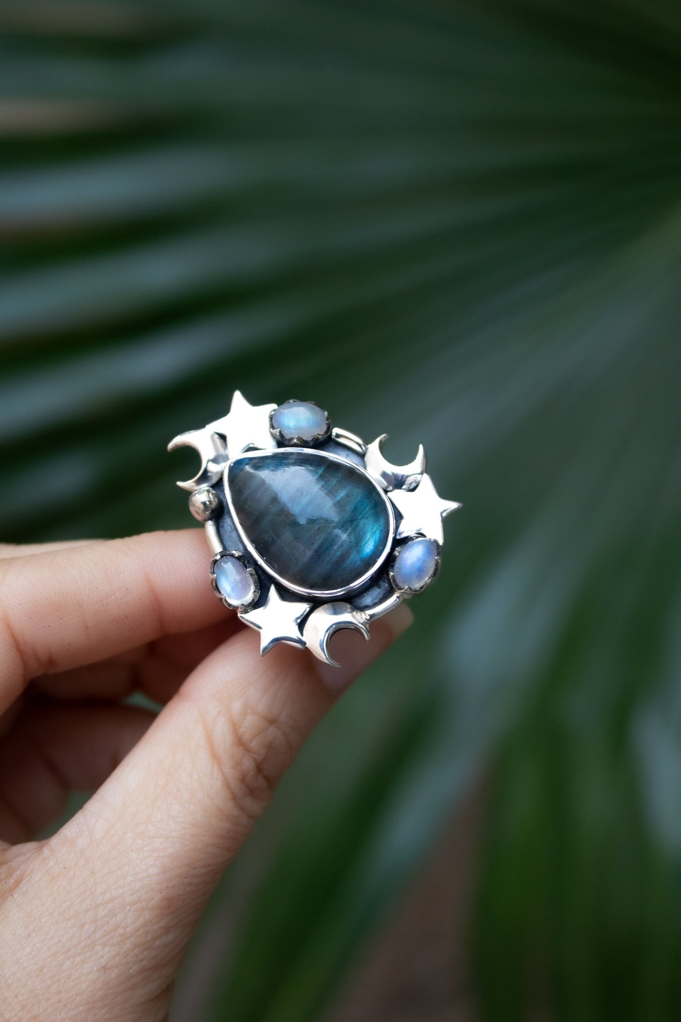 Moonfire Constellation — Labradorite & Moonstone Celestial Ring, AR-7729