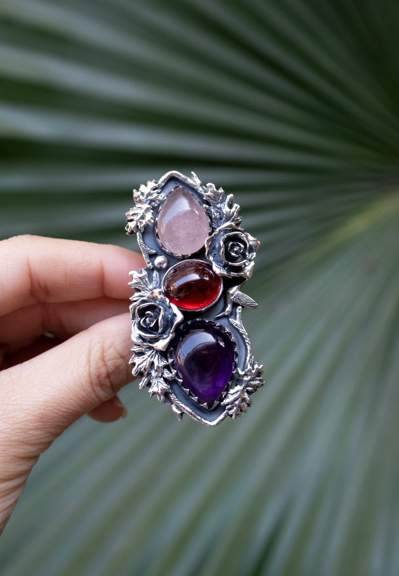 The Crimson Bloom Trilogy — Rose Quartz, Garnet & Amethyst Statement Ring, AR-7730
