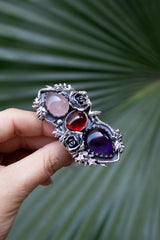 The Crimson Bloom Trilogy — Rose Quartz, Garnet & Amethyst Statement Ring, AR-7730