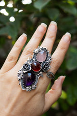 The Crimson Bloom Trilogy — Rose Quartz, Garnet & Amethyst Statement Ring, AR-7730