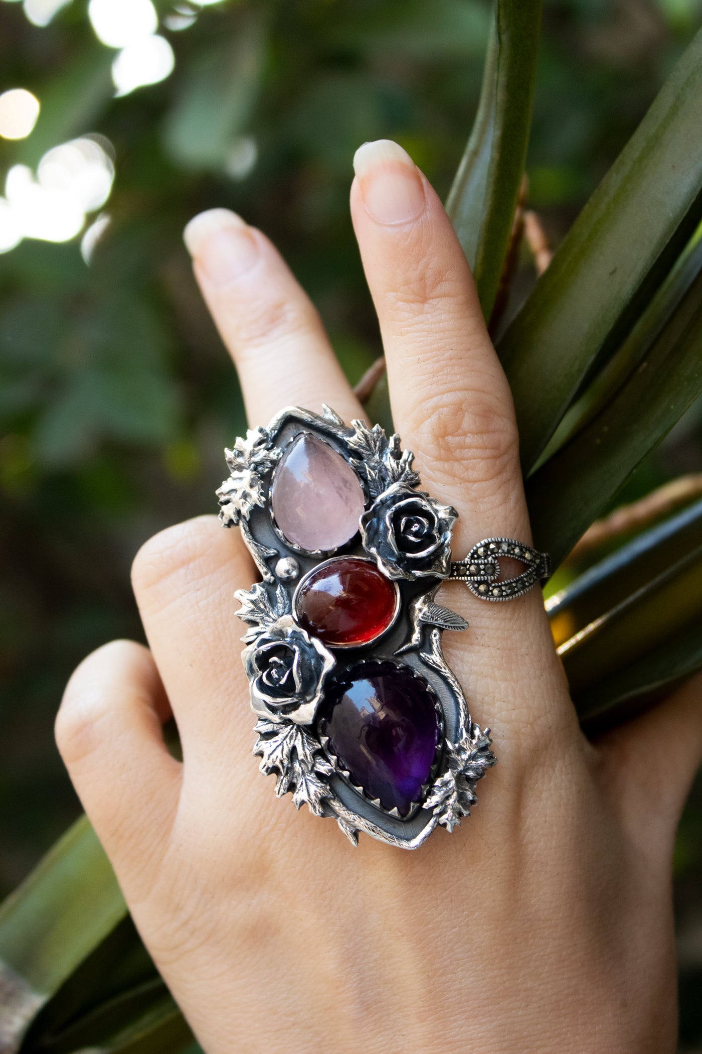The Crimson Bloom Trilogy — Rose Quartz, Garnet & Amethyst Statement Ring, AR-7730