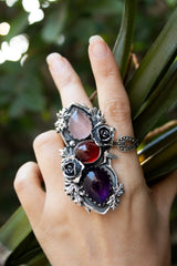 The Crimson Bloom Trilogy — Rose Quartz, Garnet & Amethyst Statement Ring, AR-7730